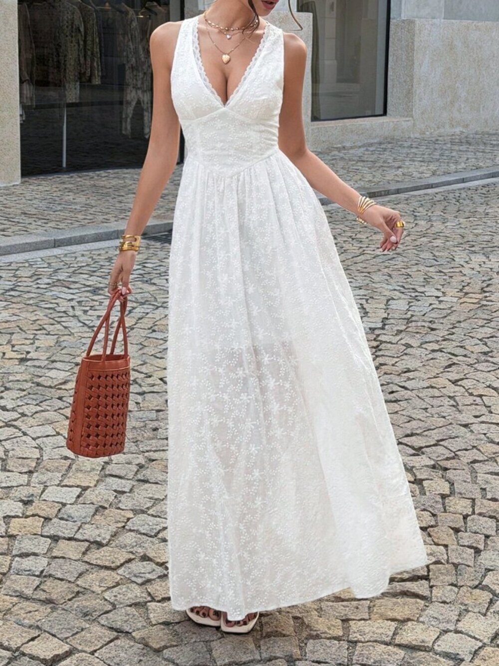White Boho Elegant Women's Flower-Print Waist-Cinched V-Neck Maxi Dress